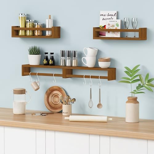 Forbena Dark Wood Nursery Kids Bookshelf Wall Mounted, Wooden Floating Nursery Book Shelves for Wall, Hanging Kids Bookshelves for Toddler Baby Room Bedroom Bathroom (Solid Pine, Walnut Brown, 4 Pack)