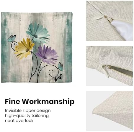 Turquoise Yellow Purple Floral Pillow Covers 18 x 18 Inch Set of 2 Daisy Floral Butterfly Decorative Throw Pillow Covers Linen Rustic Farmhouse Cushion Cases for Home Sofa Couch Living Room Decor