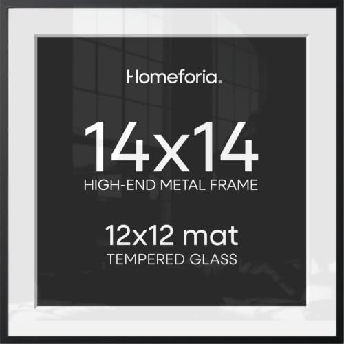 Homeforia 14x14 Black Picture Frame, High-End Metal, 12x12 Mat, Glass
