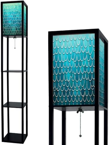 Standing Lamp with Shelves Tall Scale Trendy Gradient Backdrop Scale Ornament Bright Color Underwater Modern Wood Corner Lamp for Bedroom Living Room Office Floor Lamp Mid Century Room Decor