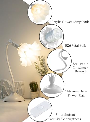 Flower Table Lamp,LED Reading Light Bedside Vintage Night Light(White)