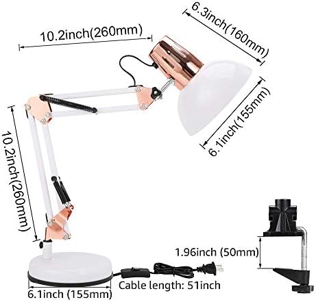PowerKing Metal Swing Arm Desk Lamps with Base & Clamp, White Rose Gold