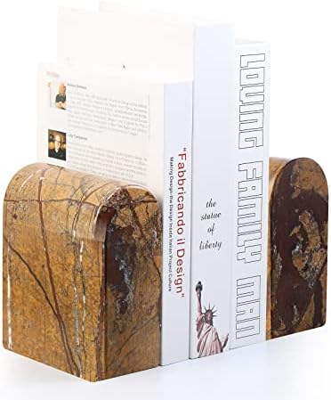 Koville Indian Natural Marble Bookends for Shelves, Book Ends for Heavy Books, 13LBS Ultra Heavy Duty Book Holders, Triumphal Arch Bookends Bookshelf Decor for Movies/CDs/Video Games(Rainforest Gold)