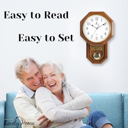 Pendulum Wall Clock Battery Operated, Real Wood Regulator Clock, Quiet