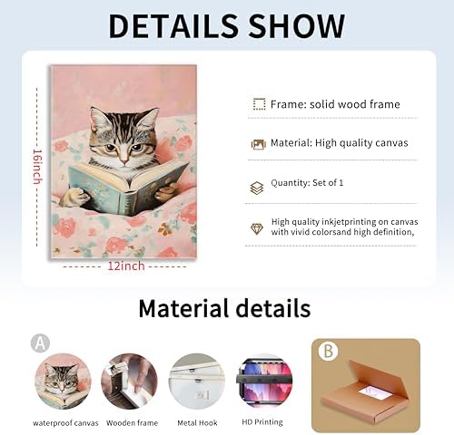 Framed Cats Canvas Wall Art, Funn Tabby Cat Reading Books Picture Wall Decor, Pink Vintage Animal Poster Prints for Girls Room Bedroom Kids Room Living Room Bathroom Decor 12x16 inch