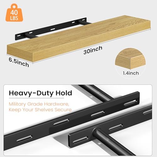 30 Inch Floating Shelves for Wall, Rustic Wood Wall Mounted Deep Storage Shelves with Invisible Brackets, Large Decorative Display Ledge for Living Room Bathroom and Kitchen, Set of 2, Oak