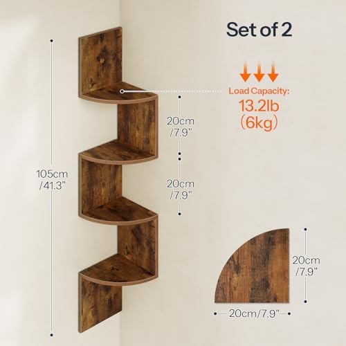 HOOBRO Corner Shelf Wall-Mounted, Set of 2 Floating Corner Shelves for Wall, 4-Tier Corner Bookshelves for Living Room, Bedroom, Bathroom, Home Office, Rustic Brown BF25BJP201