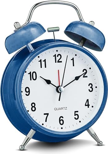 Bernhard Products Analog Alarm Clock 4" Twin Bell Vintage Navy Blue Silent Non-Ticking Quartz Battery Operated Extra Loud with Backlight for Bedside Table Desk, Retro Old Fashioned for Heavy Sleepers