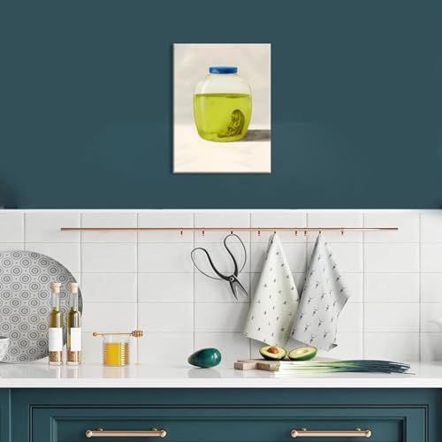 Framed Funny Kitchen Canvas Wall Art, The Last Pickle in Green Cucumber Jar Pictures Wall Decor Paintings, Lonely Pickle Prints Eclectic Home Decor for Dining Room Living Room 12X16 inch