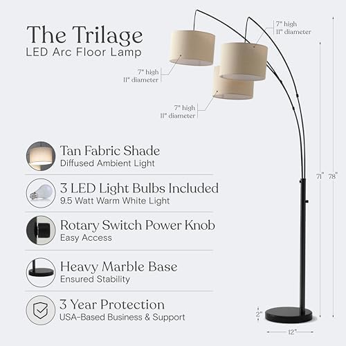 Brightech Trilage Arc Floor Lamp - Large Standing Lamp with 3 Fabric Shades & LED Bulbs for Living Room Over the Sofa, Reading, Multi-Head Traditional Tree Floor Lamp for Bedroom - Black