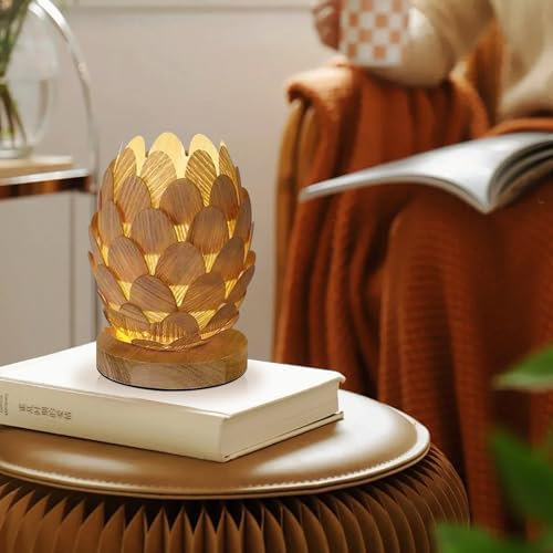 Boho Wooden Flower Table Lamp with Handmade Natural Base, Small Vintage Woven Rattan Wicker Nightstand Cute Desk Lamp, Bedside Bamboo End Table Lights for Bedroom, Living Room, Kitchen Island