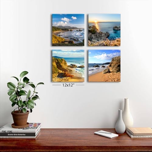 Oregon Coast Wall Art Coastal Beach Scenery Pictures for Bathroom Decor Ocean Sunset Landscape Paintings Canvas Prints Living Room Nature Seascape Artwork Bedroom Office Home Decorations 12x12" 4 Pcs