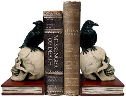 Evil Omen Raven On Skull Perch Decorative Bookend Set