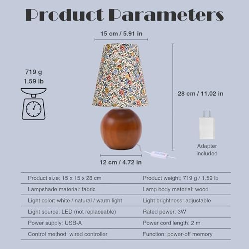 Vintage Wooden Night Lamp, Wood Base Fabric Lampshade, Adjustable Light Color and Brightness with Power-Off Memory, Safe USB Powered, Retro LED Table Light for Bedroom Living Room Office (Floral)