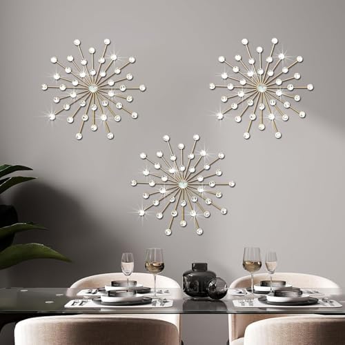 ZEXUIRU 3 Set Gold Starburst Wall Art for Home Decor Metal Bling Crystal Rhinestones Sunburst Wall Decor Sparkling Rhinestone Art Accent Gold - 18in