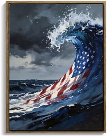 American Flag Framed Canvas Wall Art, 4th of July Patriotic Canvas Prints | USA Flag Ocean Waves Abstract Poster Print, Independence Day Wall Decor for Bedroom Living Room Office 11×14in