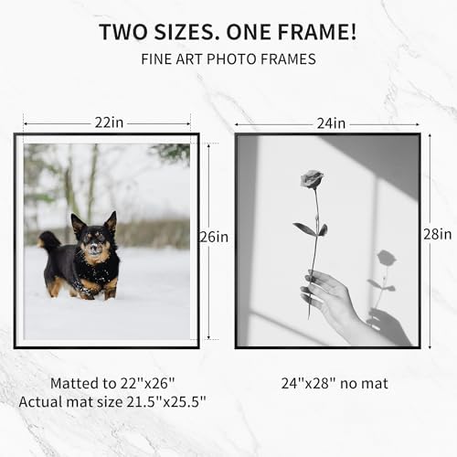 24x28 Metal Picture Frame with 22x26 Mat, Brushed Aluminum Finish, Tempered Glass, and Attached Hanging Hardware - Versatile Wall Display Frames for Vertical or Horizontal Orientation, Black, 1 Pack