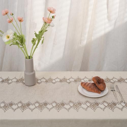 Phantomon Neutral Linen Table Runner 72 Inches Beige Embroidered Runner Lace Centerpiece for Dresser Tops, Dining Tables, Coffe Table and Home Decorations for Farmerhouse (Beige, 16 X 72 Inch)