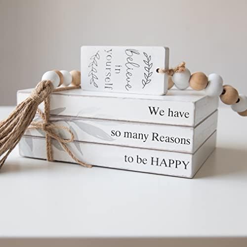 GENMOUS Faux Decorative Books Set for Home Decor, Stacked Wood Books with Wood Beads for Living Room Decor, Faux Books for Display, Shelf Decor, Mantel Decor, Farmhouse (Happy)