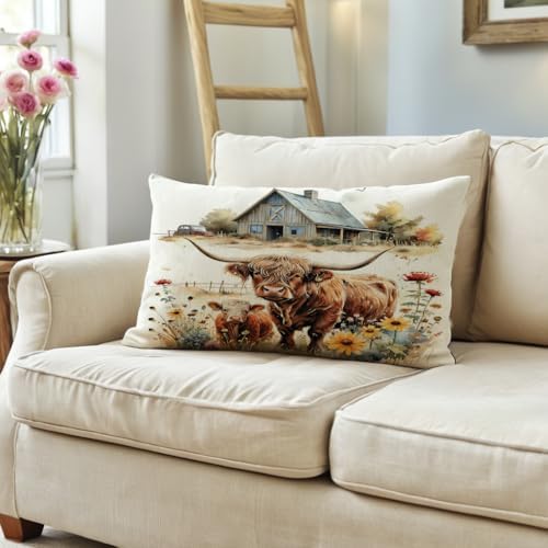 Highland Cow Decorative Throw Pillow Covers with Wildflowers 12x20 Inch Farmhouse Rustic Cushion Cover Western Cows Lumbar Pillowcase 2Pack for Couch Sofa (Beige)