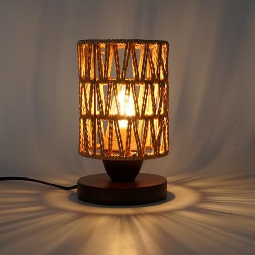 Handmade Rattan Lamp Farmhouse Table Lamp for Bedroom, Stepless Dimming Rustic Woven Lamps for Night Stands with Warm White LED Bulb, Boho-Inspired Boho Lamps for Living Room Kitchen Nook