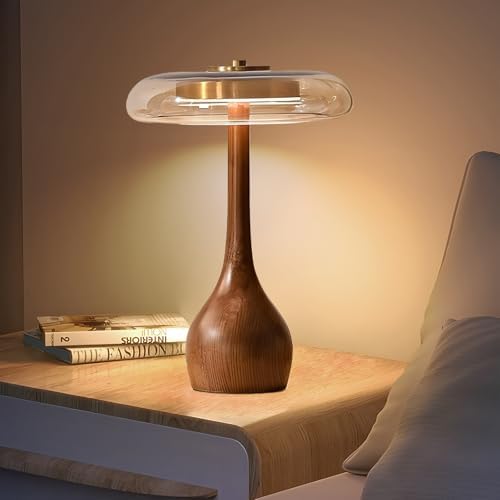 Small Table Lamp for Bedroom, Wooden Base, Teardrop Mushroom, H 12.4 In
