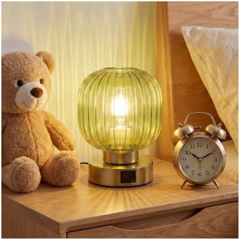 Elenhome Touch Small Table Lamp,Elegant Green Glass Bedside Lamp 3 Way Dimmable with USB C+A Charging Ports - Bedroom Nightstand & Living Room Essential, 4W Bulb Included (Green)