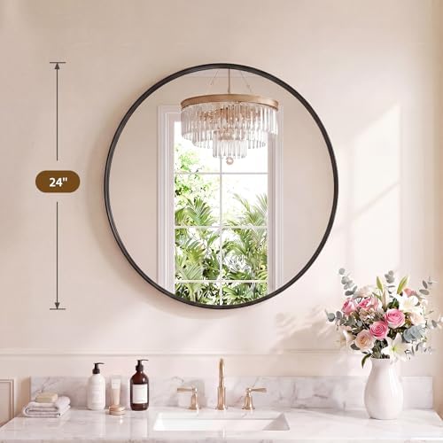 Sweetcrispy Round Bathroom Wall Mirror, Circle Vanity Mirror, 24 Inch | Matte Metal Frame, Home Decor Circle Mirrors for Bathroom Sink, Entryway, Bedroom, Black