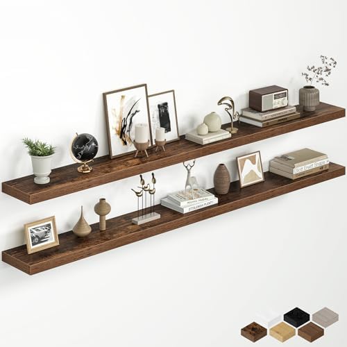 72 Inch Floating Shelves for Wall, Rustic Wood Wall Mounted Deep Storage Shelves with Invisible Brackets, Panoramic Decorative Display Ledge for Living Room Bedroom and Kitchen, Set of 2, Rustic Brown
