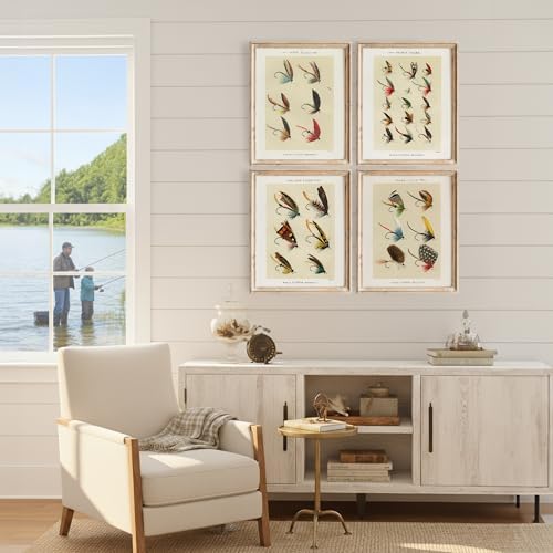DREAM BIG PRINTABLES Vintage Fly Fishing Art Prints (Set of 4) - Unframed - 8x10 | Fishing Lure Wall Decor for Fisherman