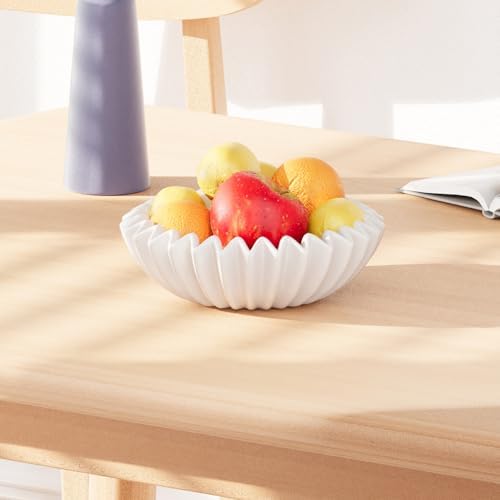 Large Ceramic Fruit Bowl Ivory Decorative Bowl for Coffee Table Entryway Kitchen Modern Home Decor Centerpiece 9.5 Inches Ruffle Fluted Scalloped Bowl