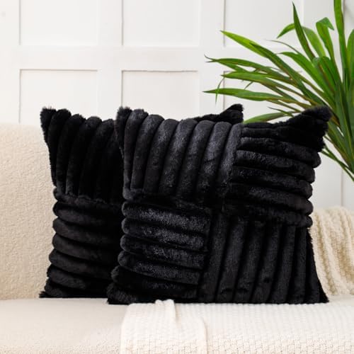 All Smiles Black Faux Fur Decorative Throw Pillow Covers 24x24 Set of 2