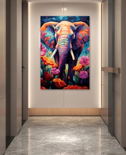 LYUNSHUO Large Elephant Canvas Wall Art Africa Wildlife Decor Colorful Animal with Flowers Pictures Print Modern Artwork for Living Room Hallway Home Wall Decor Ready To Hang - 24.00"x36.00"