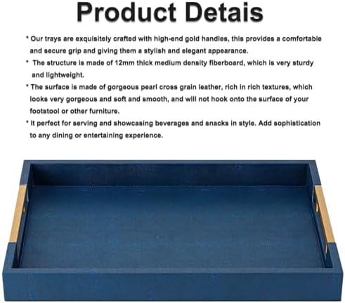 Navy Blue Faux Leather Serving Tray with Handles – Large Decorative Tray for Coffee Table, Ottoman, Living Room, Bathroom – Home Decor