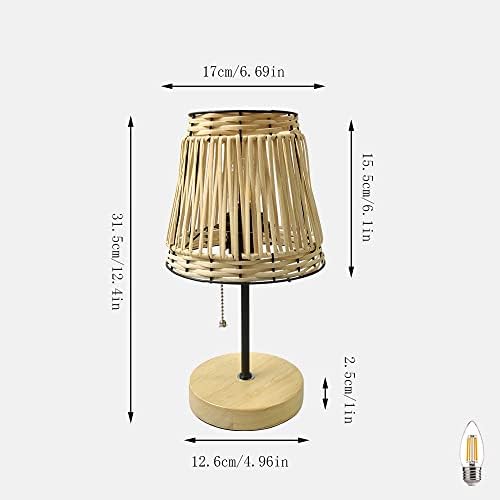 Handmade Bohemian Rattan Bedroom Small Table Lamp,with White Rattan Lamp Shade (Natural Vine Color) with Pull Chain Lamp Holder,E26 Bulb Included