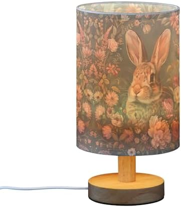 Table Lamp Bunny Floral Rose Daisy Flower Nightstand Lamp with Wood Base Fabric Lamp Shade Bedside Desk Lamp for Living Room Bedroom Kids Room Office