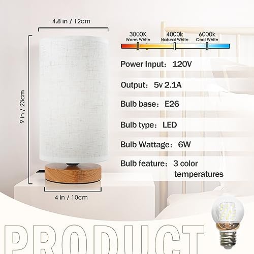Minimalist Bedside Table Lamps for Bedrooms Set of 2, 3 Color Temperature Bedside Lamps with Round Fabric Linen Shade,Small Desk Lamp Night Nightstand Lamp Set for Living Room, Reading ,Office