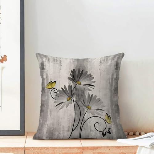 Grey Yellow Floral Pillow Covers 18 x 18 Inch Set of 2 Daisy Floral Butterfly Decorative Throw Pillow Covers Linen Rustic Farmhouse Cushion Cases for Home Sofa Couch Living Room Decor