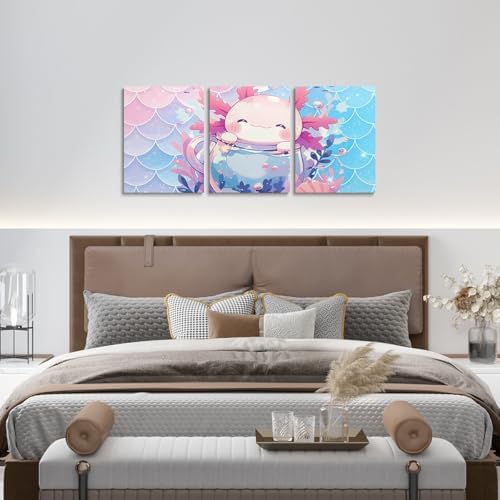 Feelyou Boys Girls Pink Axolotl Canvas Wall Art for Living Room Bedroom Salamander Wall Painting Posters and Prints Kids Sealife Picture Wall Decor Ocean Animal Bathroom Wall Art 12"x16"x 3Pcs