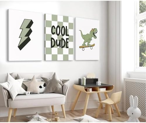 Nursery Dinosaur Wall Art Set of 3 Boys Room Canvas Decor Toddler Kids Art Prints Dinosaur Skateboard Pictures Poster Boys Dino Artwork Decor for Bedroom 12x16 Inch Unframed