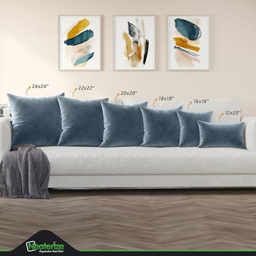 NEATERIZE Premium Velvet Pillow Covers 12x20 Dusty Blue - Washable Decorative Fabric Throw Pillow Covers for Couch or Bed - Set of 2