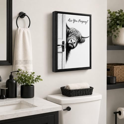 Framed Funny Bathroom Wall Art, Highland Cow Are You Pooping Canvas Print, Black and White Humor Bathroom Animal Decor for Restroom Toilet 8x10in