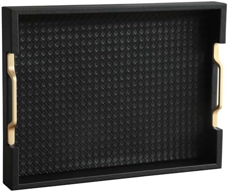 HofferRuffer Faux Leather Rectangle Serving Tray Decor Platter with Gold Metal Handles for Coffee Table, Breakfast, Tea, Food, Countertop, Kitchen, Butler Tray, 16.2 x 12.2 x 2 inches (Classic Black)
