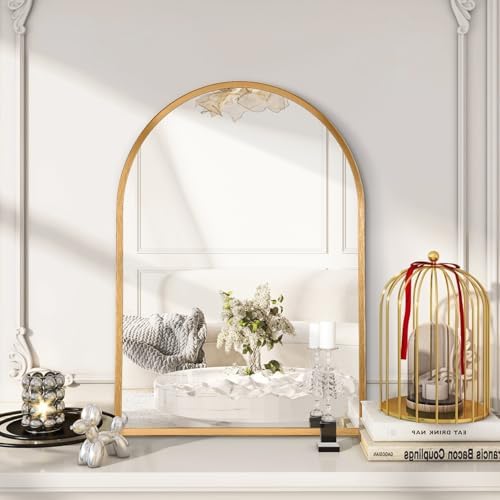 Arched Mirrors for Wall, White Bathroom Mirror Brushed Metal Vanity Wall Mounted Mirror for LivingRoom Bedroom Entryway Room Vanity Home Decor 26"x18"
