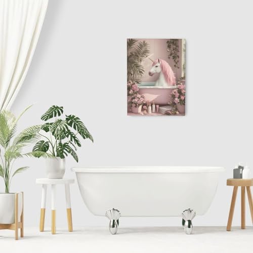 Pink Unicorn Bathroom Decor Wall Art Unicorn in Bathtub Canvas Prints Painting Cute Animal Bathing Pictures Artwork Home Decorations for Girls Restroom Framed Gifts 12"x16"