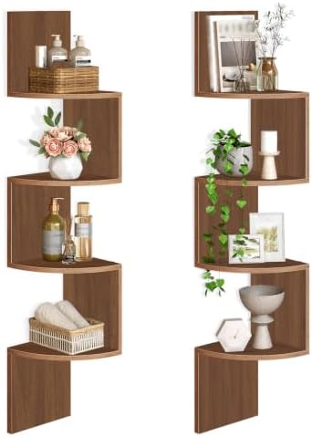 HOOBRO Corner Shelf Wall-Mounted, Set of 2 Floating Corner Shelves for Wall, 4-Tier Corner Bookshelves for Living Room, Bedroom, Bathroom, Home Office, Walnut WL25BJP201