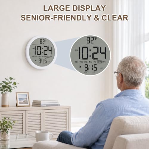 8" Round Digital Wall Clock Battery-Operated, Large Display Clock