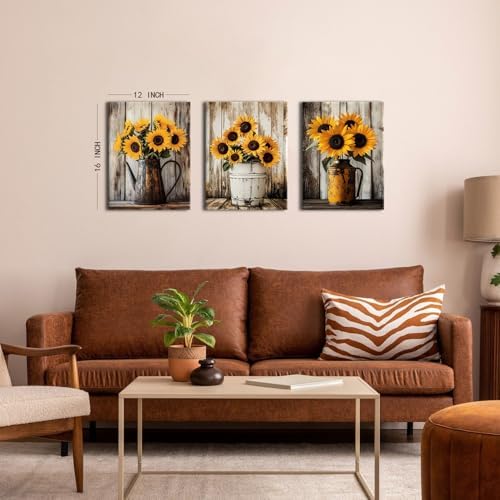 Sunflower Wall Art Farmhouse Sunflowers Pictures Wall Decor for Kitchen Rustic Flowers Painting Poster Vintage Country Floral Prints Canvas Artwork for Bathroom Office Home Decorations 12x16" 3Pcs