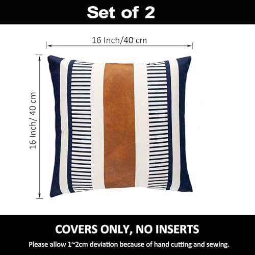 Set of 2 Decorative Faux Leather Pillow Covers 16x16 inch, Modern Boho Cushion Cover Set for Couch Living Room Bedroom Striped Accent Pillowcase Farmhouse Decor, Navy Blue