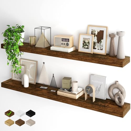 Fun Memories Floating Shelves for Wall, 55Inch Floating Shelves Set of 2, Hanging Shelf with Invisible Brackets, Wood Shelves for Living Room, Bedroom, Kitchen, Brown